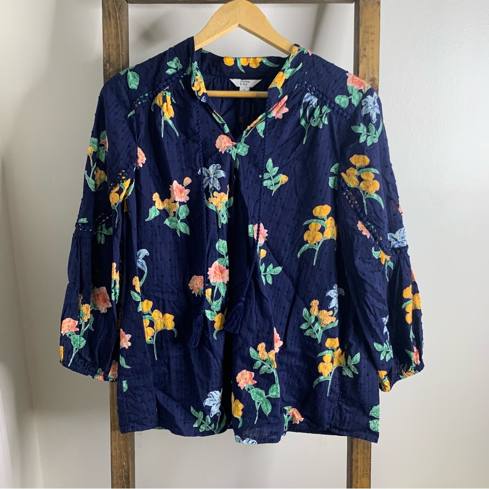 Crown & Ivy Navy Floral Blouse